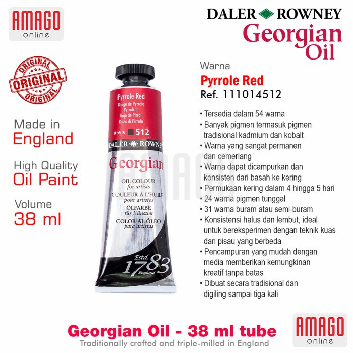 

Cat Minyak Lukis DALER-ROWNEY Georgian Oil 38 ml - PYRROLE RED - 111014512
