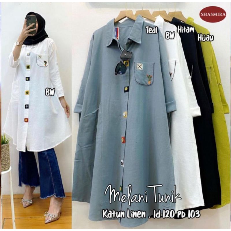 Melani Tunik Baju Atasan Hem Wanita Jumbo Big Size LD 120 cm XXXL Bahan Katun Linen