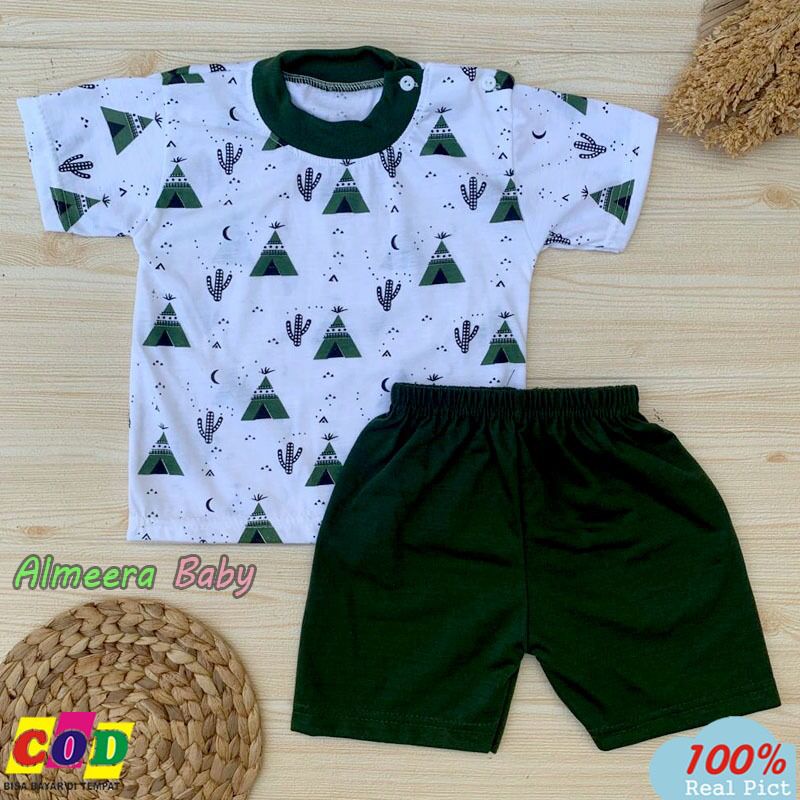 Setelan Baju Bayi Setelan Piyama Bayi Lengan Pendek Kancing Pundak Motif Piramida Usia 3-12 Bulan Almeera Baby and Kids