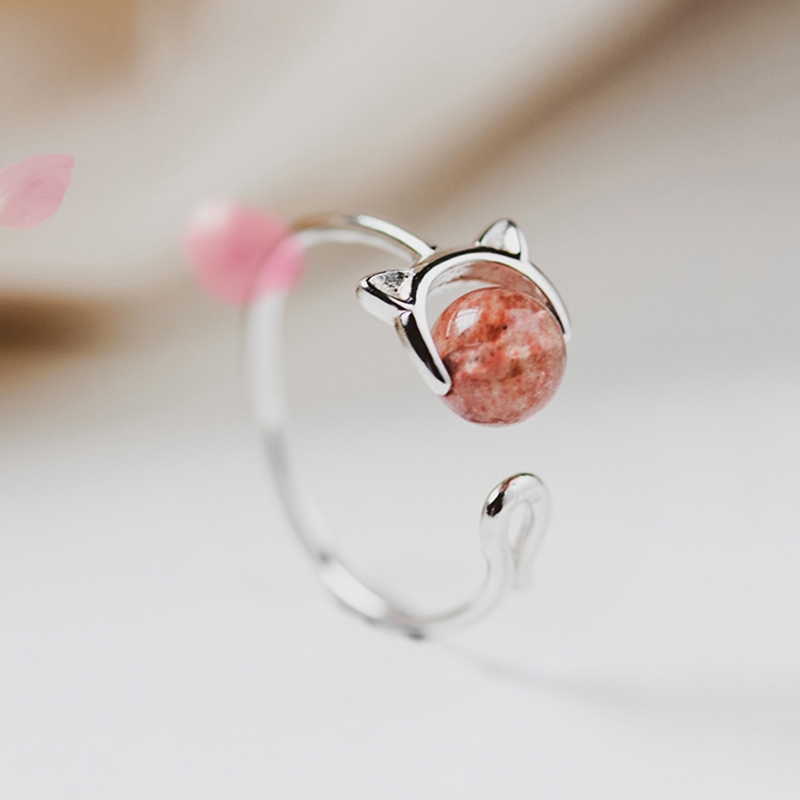 Cincin Open Ring Adjustable Desain Kucing Lapis Silver Hias Kristal Untuk Wanita