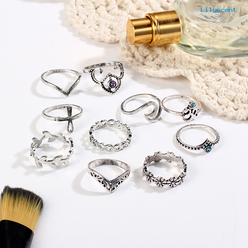 10pcs Cincin Knuckle Bentuk V Motif Bunga Gaya Vintage Untuk Wanita