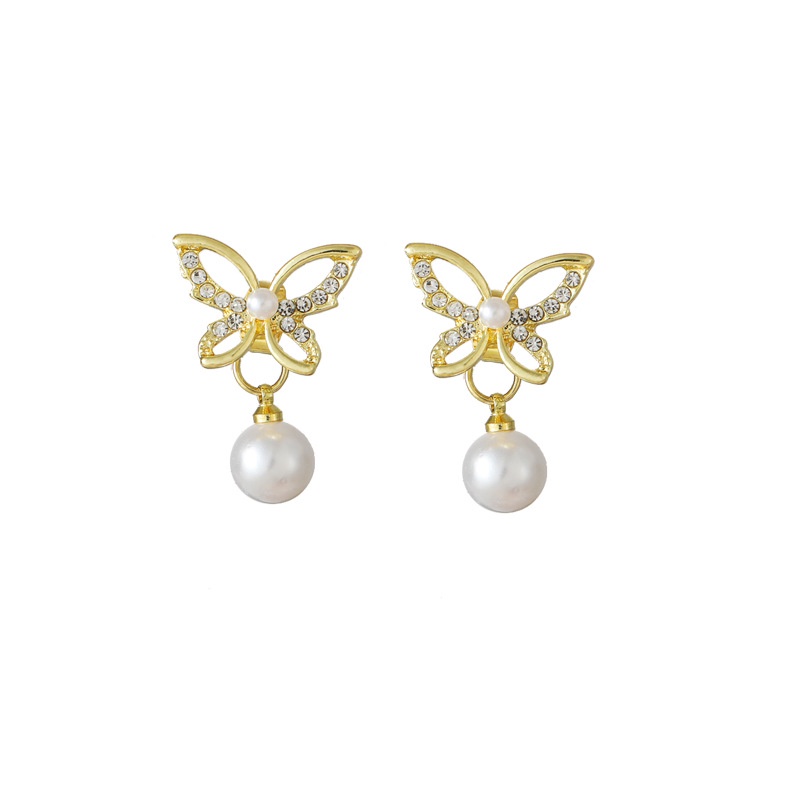 Sterling silver jarum gaya Korea Pearl butterfly sederhana anting-anting baru anggun online influenc