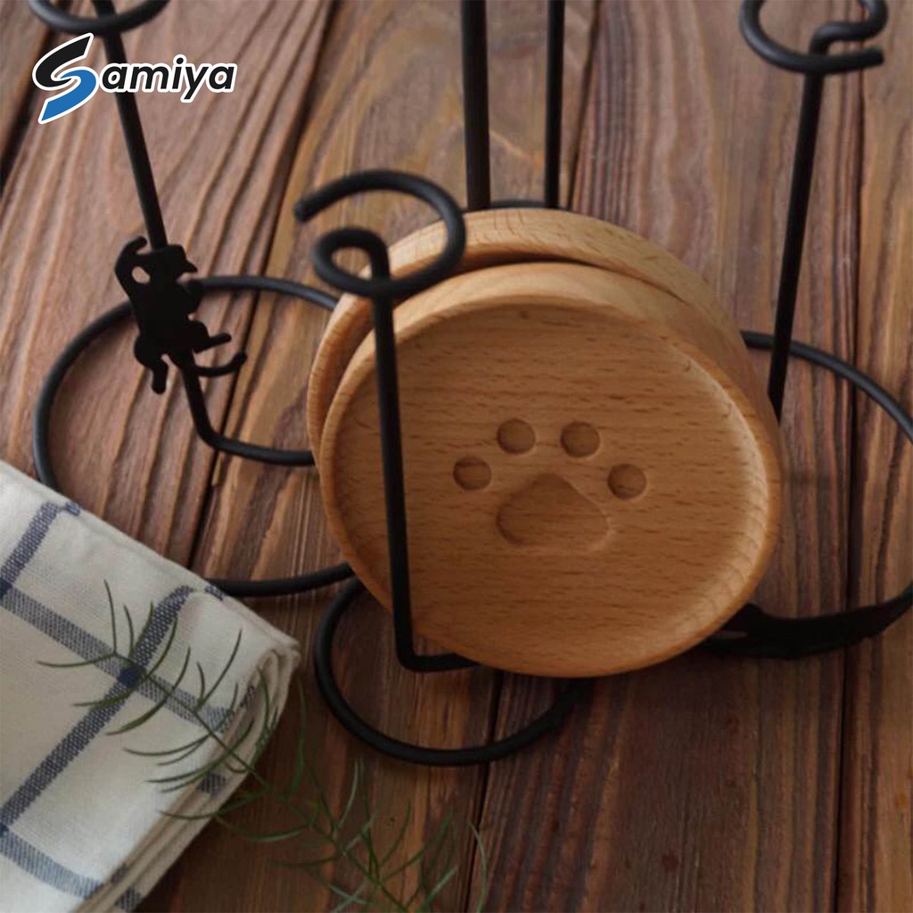 cat paw wooden coaster pad / coffee cup mat round soft wooden / alas tatakan cangkir gelas kayu