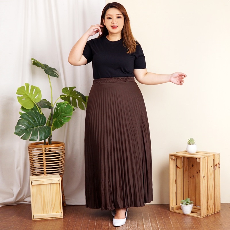 ROK PLISKET JUMBO XXL PAYUNG PLEATED SKIRT MURAH MUSLIM IBU ACARA POLOS ROK PANJANG PAYUNG MAYUNG-Coklat tua