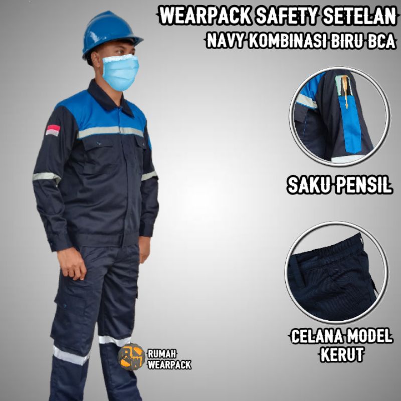 Setelan Wearpack Safety dan Celana Safety Warna Navy Kombinasi Biru BCA