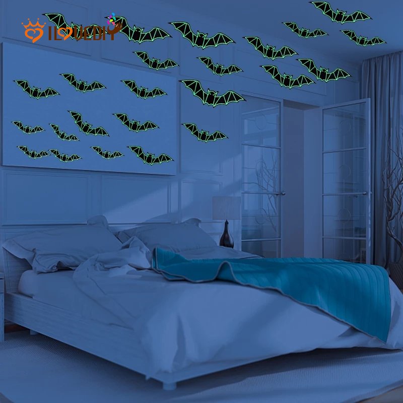 12pcs / Set Stiker Dinding / Jendela Luminous Glow in The Dark Motif Kelelawar Untuk Dekorasi Halloween