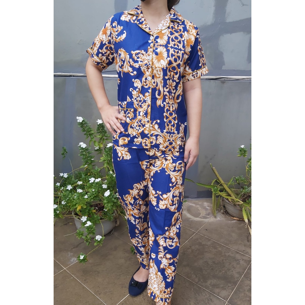JNV Piyama CP Wanita Motif Batik Sultan - Baju Tidur Lengan Pendek - Bahan Katun-Sultan B,Besar Navy
