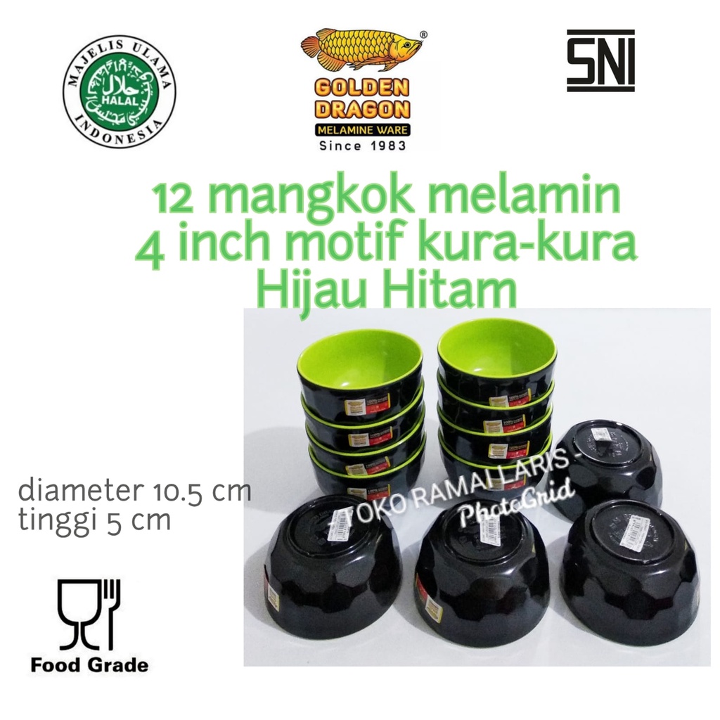 PROMO 1 lusin harga lebih murah ..12 mangkok melamin 4 inch W04A1 motif kura-kura HIJAU HITAM Golden