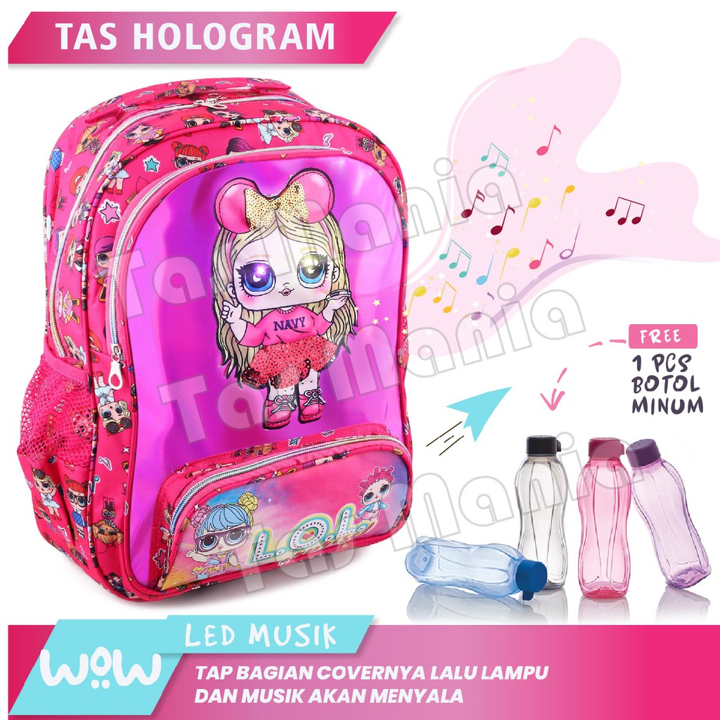 Tas Ransel Anak Perempuan Karakter LOL SURPRISE - Tas Ransel Hologram LED-AURORA - FREE BOTOL MINUM