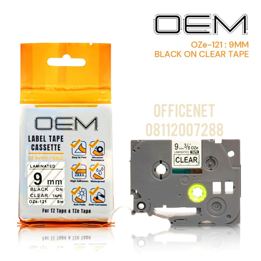 OZe-121 OEM TAPE LABEL 9mm BLACK ON CLEAR FOR USE ON Brother PTOUCH