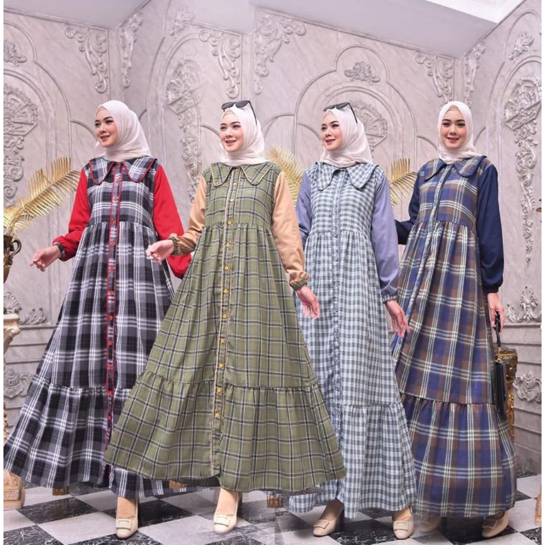 ZAJA - Baju Gamis Rianty Dress /Terbaru Gamis Motif Kotak Kotak Kombinasi Polos Desain Simple Dan Menawan / Dress Muslim Flanel Kasual Full Motif / Gamis Murah Menawan / Baju Muslim Kotak-kotak Mix Polos Wanita