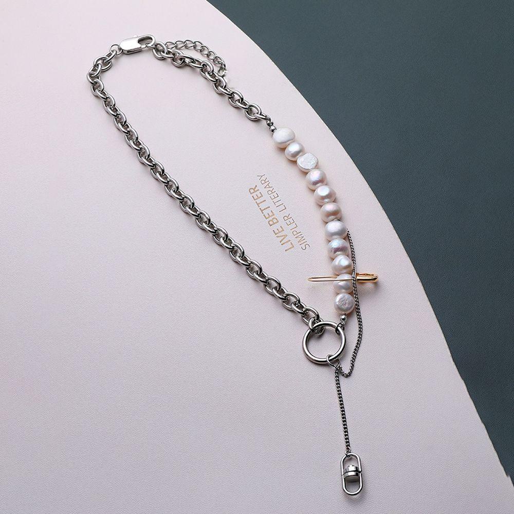 Needway Pria Kalung Pasang Unik Perempuan Klavikula Rantai Mutiara Kalung Sweater Rantai Dumbbel Wanita Klavikula Rantai