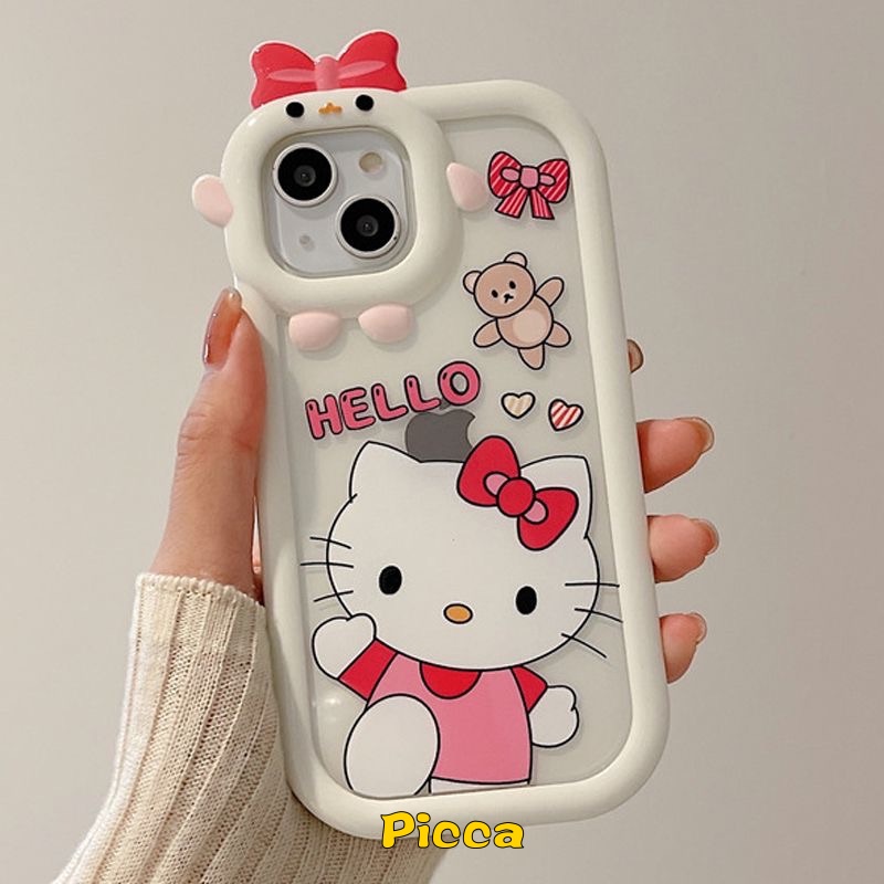 IPHONE Kartun Lucu Hello Kitty Doraemon Pasangan Case Kompatibel Untuk Iphone6 6S 14 7 8 Plus 11 13 12 14 Pro MAX XR X XS MAX Se2020 3D Bow-knot Monster Kecil Lensa Shockproof Soft Cover