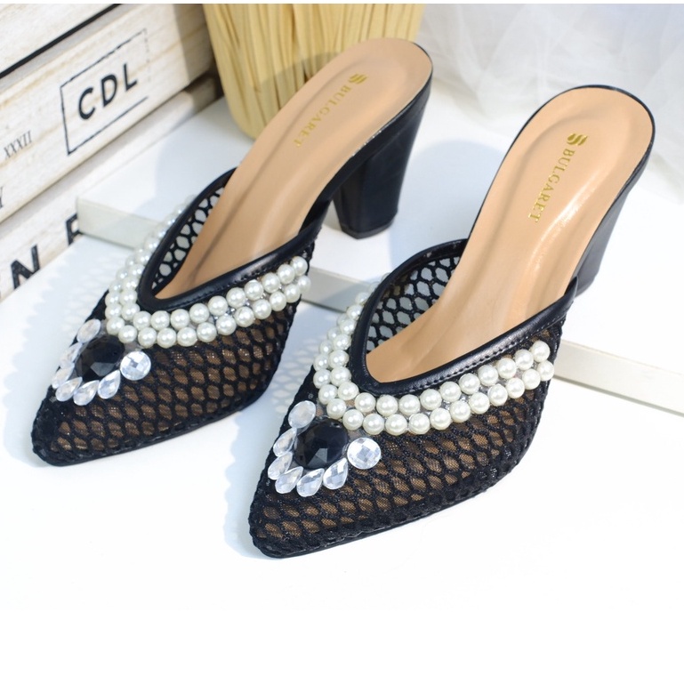 FLASH SALE 7.7 Sandal Wanita High Heels Brukat Jala Strap Mutiara SP 23