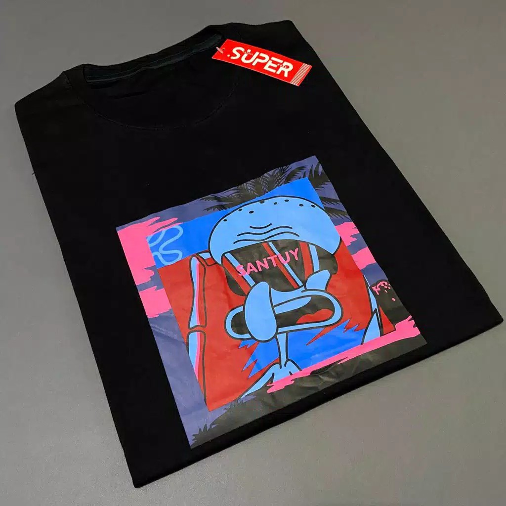 Kaos Pria Atasan Distro T-Shirt Kaos SquidWard Santuy Hitam