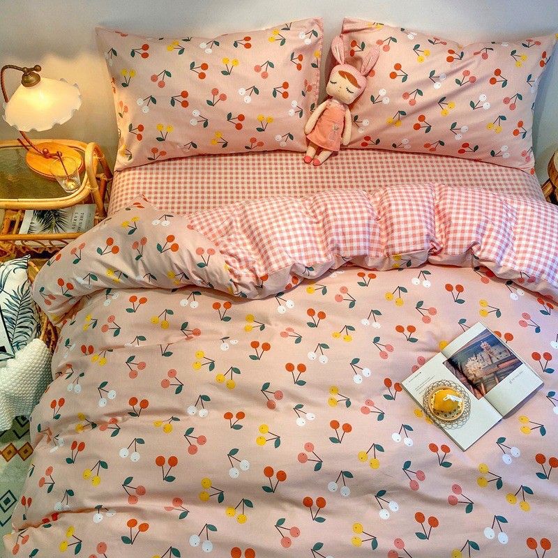 Bedcover Set Bahan katun Motif Cherry Uk Single