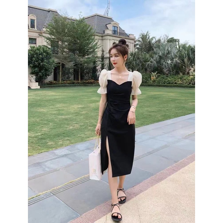 #53 Dress Wanita Korea Midi Long Dress Puffy Sleeves Motif Polos (M/L/XL)