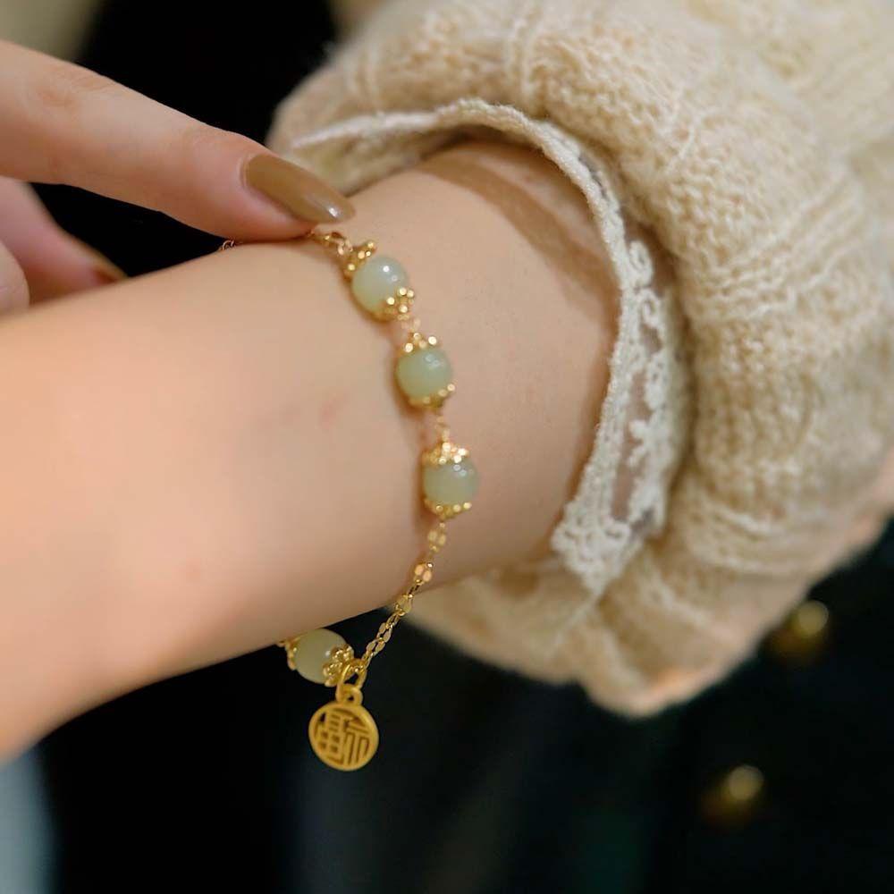 Gelang Giok Hetian Bahan Alloy Gaya Cina Retro Untuk Wanita