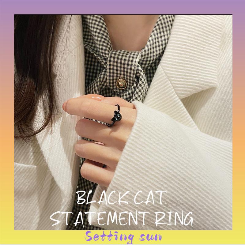 Cincin Kucing Hitam Wanita Trendi Desain Niche Cincin Jari Telunjuk Fashion Kepribadian Cincin TN