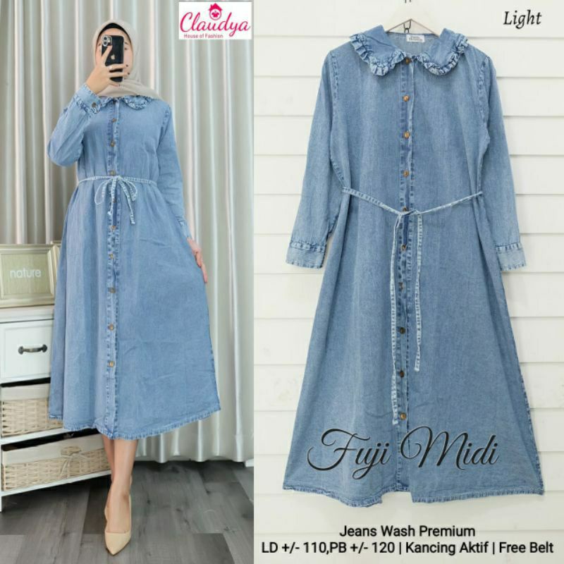 Midi Dress Jeans Wanita Premium Clara Fuji Kiara Stone Tokyo