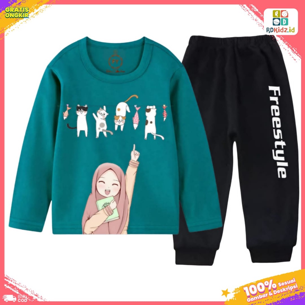 Rdkidzid Set Panjang Anak Perempuan Setelan Baju Kaos Sweater Islami Motif Muslim Tosca