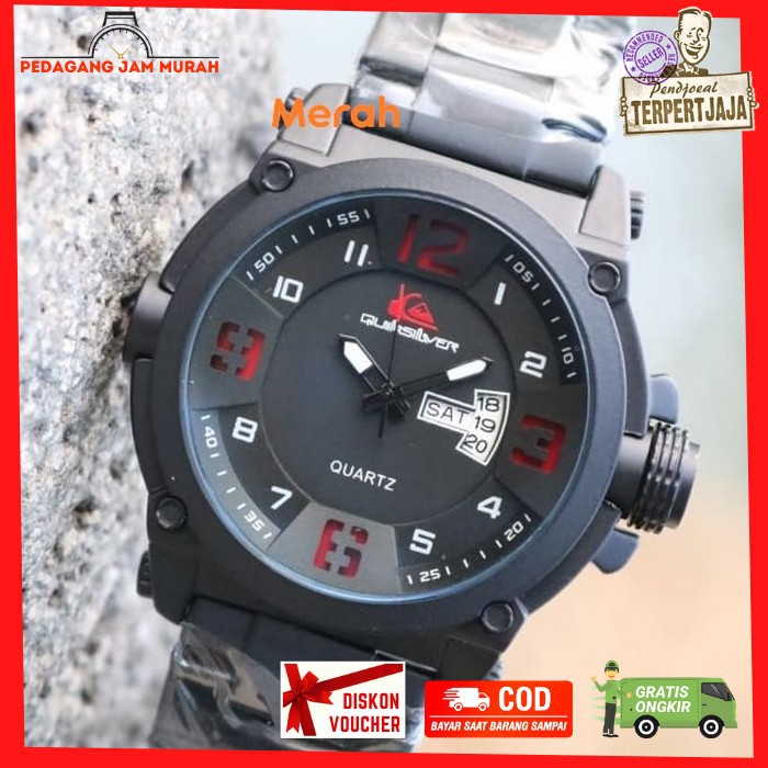 Jam Tangan Quiksilver Pria Premium Super Tali Rantai Stainless Tanggal Hari Aktif Mesin Asli Japan