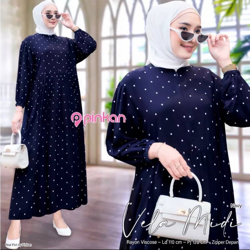 Sanso midi dress busui mola katun rayon motif polka long tunik terlaris LD 110.