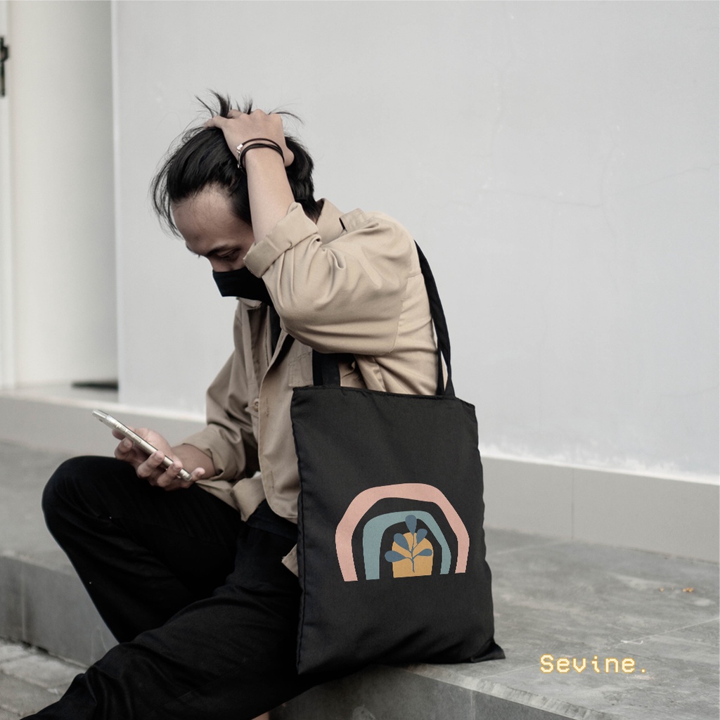 Sevine Totebag Wanita Fashion Tas Tote Bag Resleting Laptop Motif Flower Plant Nordic Art Black Series - MAA3