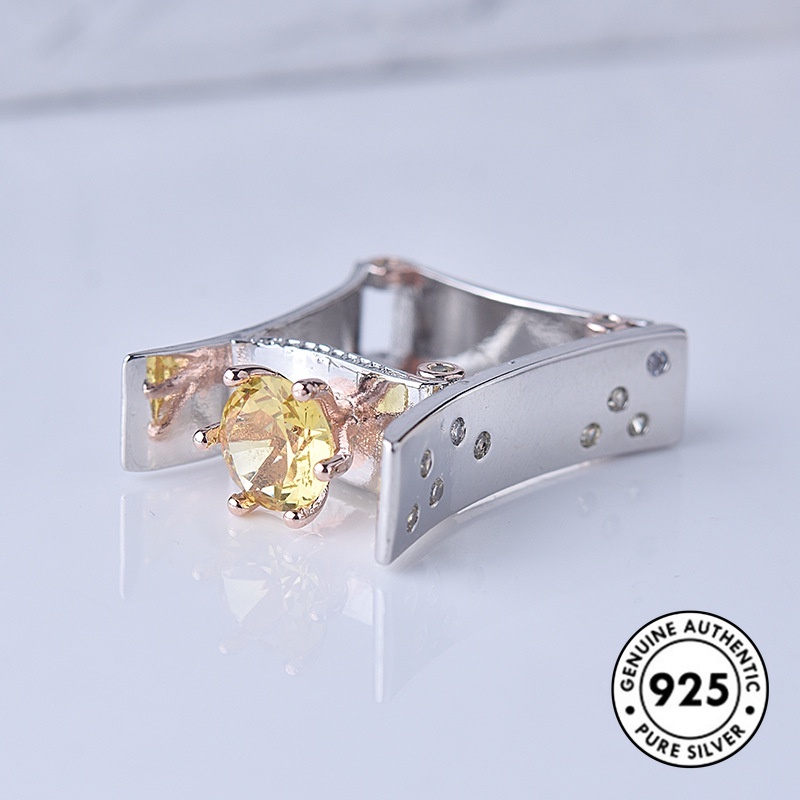 Cincin S925 Silver Bentuk Kotak Aksen Berlian Warna Kuning