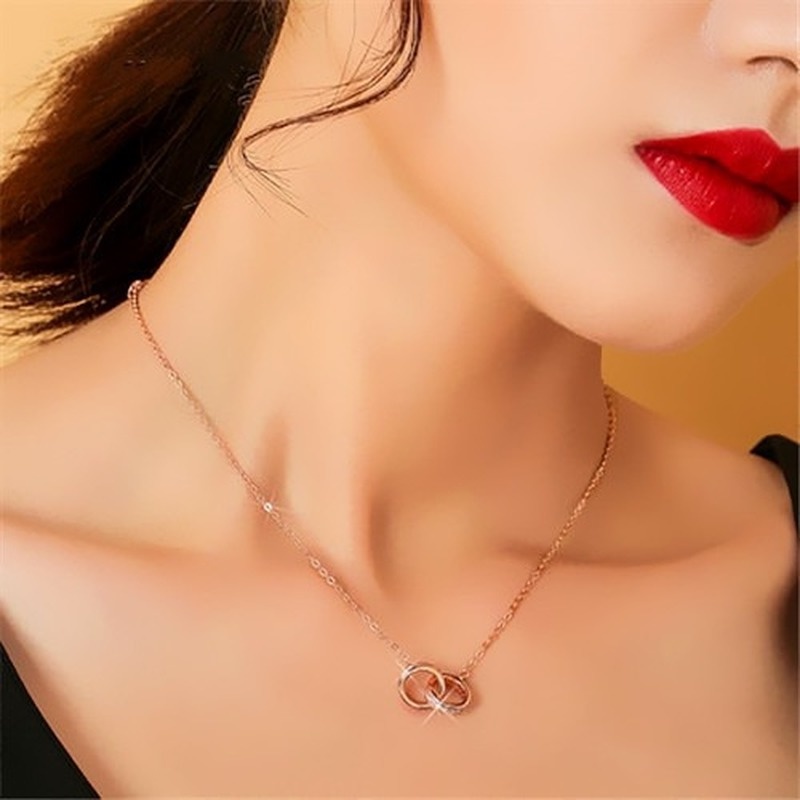 [Ready Stock]Fashion 18K Rose Gold Plated Double Ring Necklace Clavicle Chain