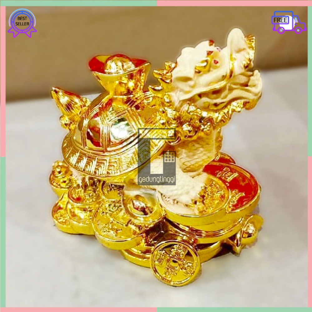 Patung Pajangan Hiasan Dekorasi Kado Hadiah Imlek Sincia Cny 2023 Hewan Kura Kura KuraKura Penyu Turtle Kepala Kaki Shio Sio Naga Dragon Head Lungkui Coin Koin Amulet Hoki Lucky Amulet Rejeki Keberuntungan Feng Shui Gold Emas Kilap Kuningan Kecil Mini