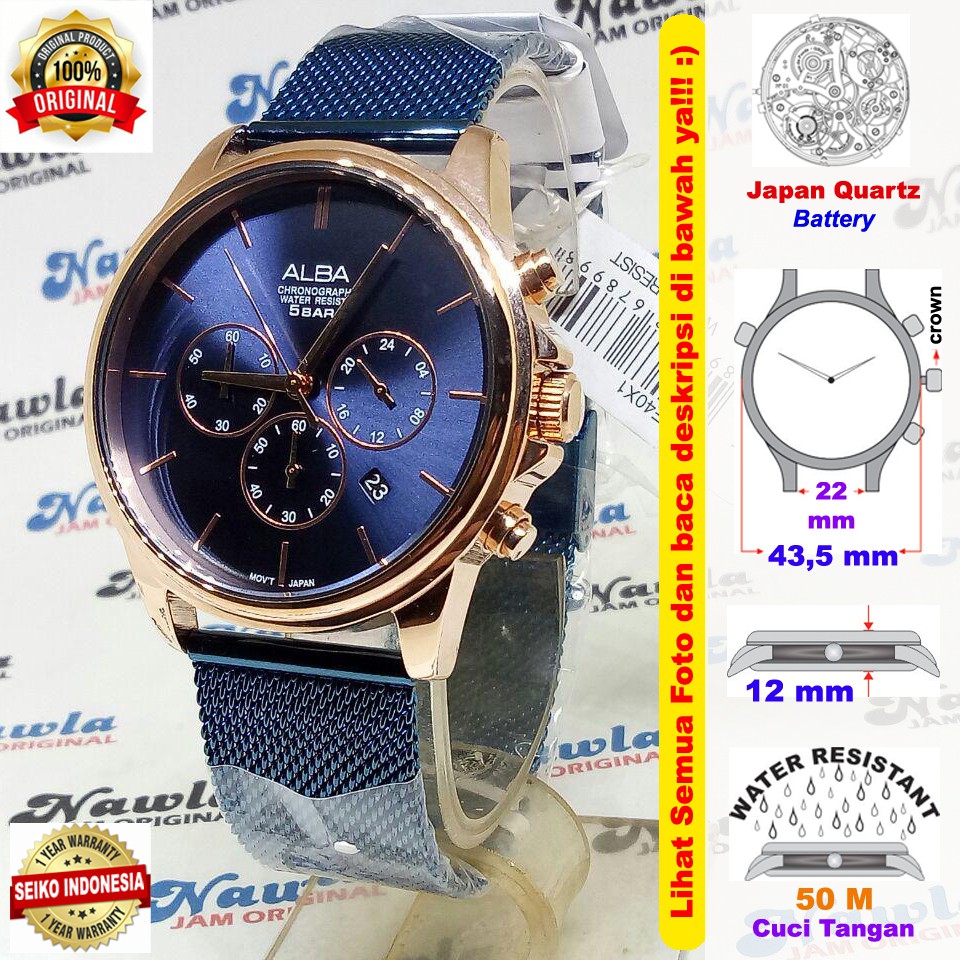 Alba Quartz AT3E40X1 Chronograph Blue Shark Mesh - Jam Tangan Pria AT3E40