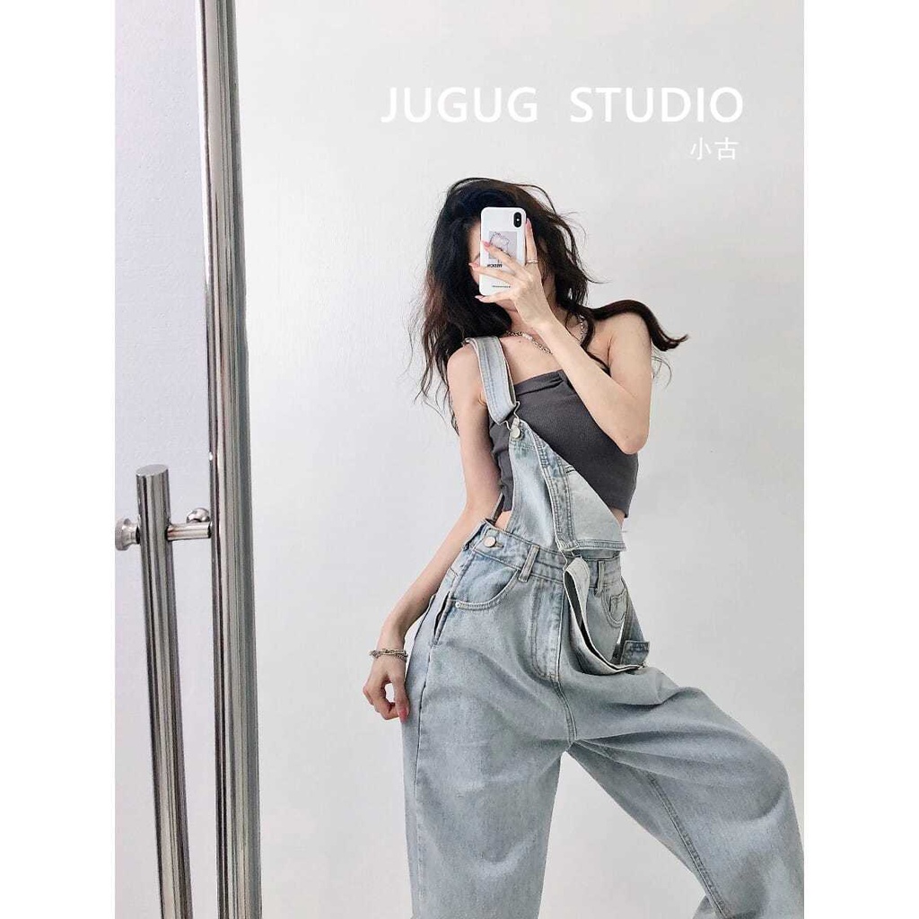 Overall denim longgar wanita 2022 musim semi dan musim panas celana panjang one-piece lurus berpingg