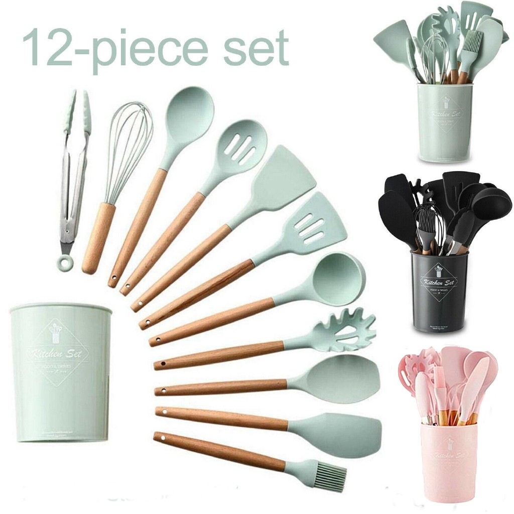 12pcs Set Alat Dapur Rumah Bahan Silikon Kayu Mudah Dicuci 12pcs Set Alat Dapur Rumah Bahan Silikon Kayu Mudah Dicuci