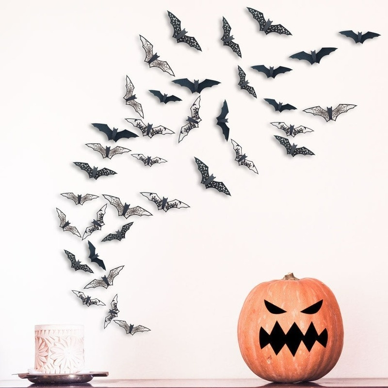 12 Pcs Stiker Dinding Desain Kelelawar 3D Warna Hitam Untuk Dekorasi Pesta Halloween