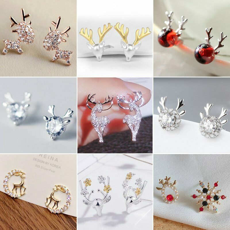 Anting Stud Desain Rusa Natal Aksen Kristal Untuk Wanita