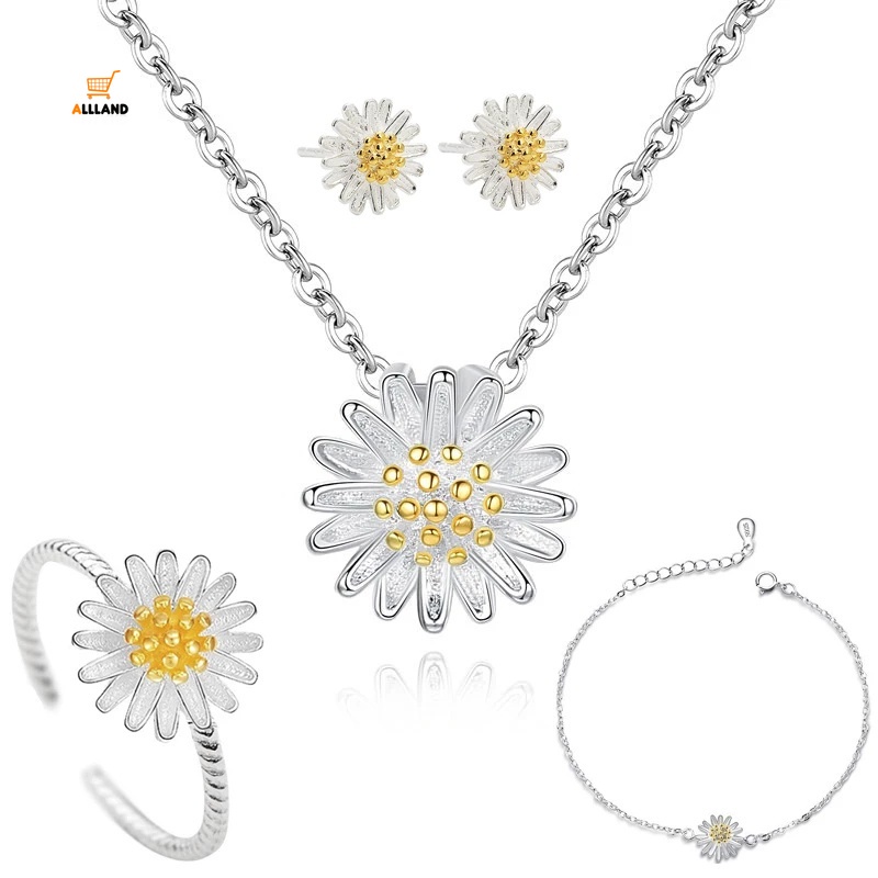 Set Kalung + Gelang + Anting + Cincin Bentuk Bunga Daisy Warna Silver Untuk Wanita