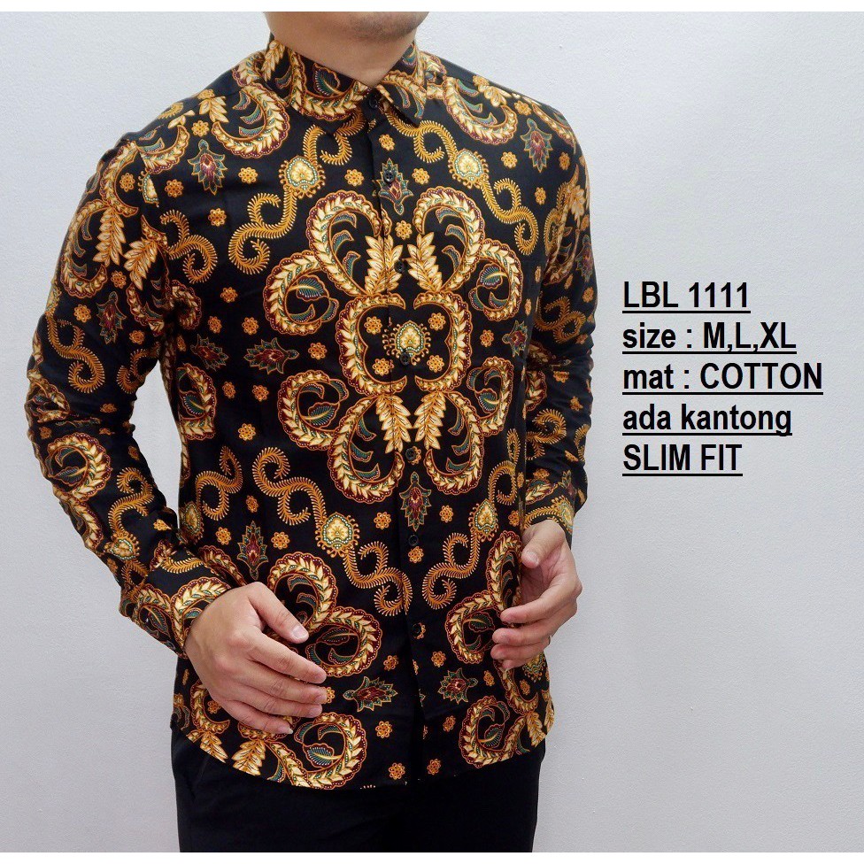 Baju Batik Pria || Kemeja Batik Pria Slimfit Lengan Panjang || Luigi Batani || HITAM GOLD LBL1111