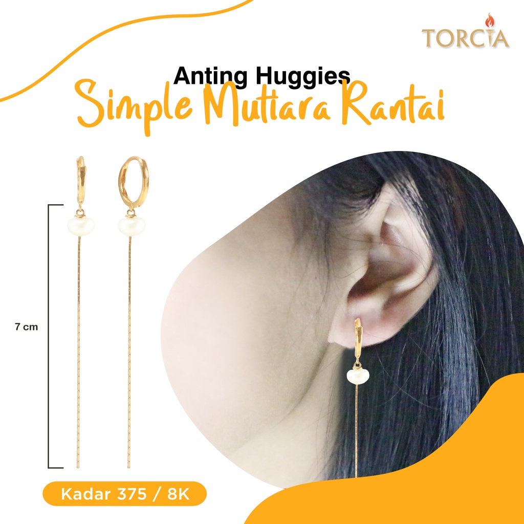 Anting Huggies Italy Emas Asli Simple Mutiara Rantai Kadar 375 Torcia