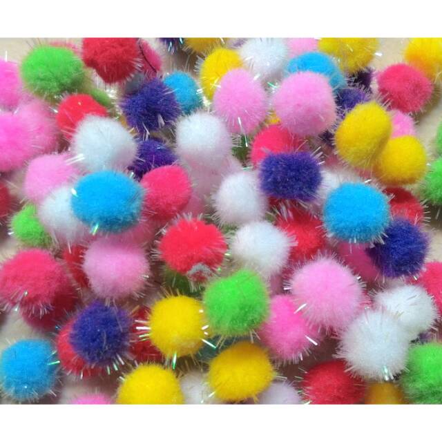 Isi 100 pompom glitter metalic ukuran 15mm