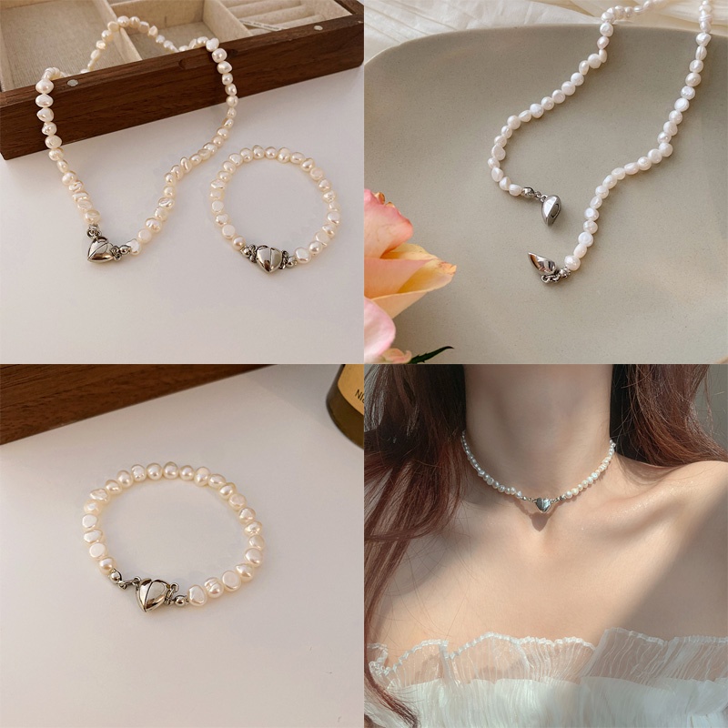 Kalung Rantai Klavikula Magnet Desain Hati Mutiara Air Tawar Gaya Retro Perancis Untuk Wanita