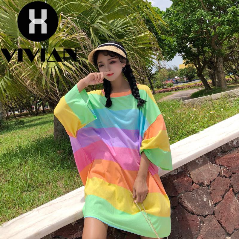 ?VIVIAN? Dress Kaos Wanita Korea Round Neck Lengan Panjang Longgar Oversize Motif Garis Warna-warni