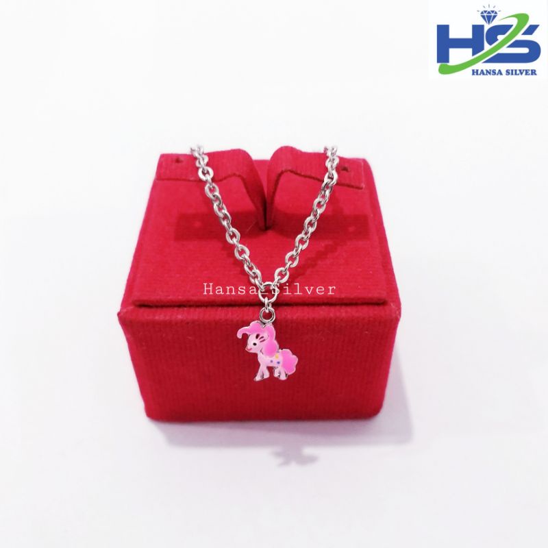 Kalung Perak Anak Asli Silver 925 Lapis Emas Putih Model Rantai Nori Liontin Kuda Poni Cat Pink