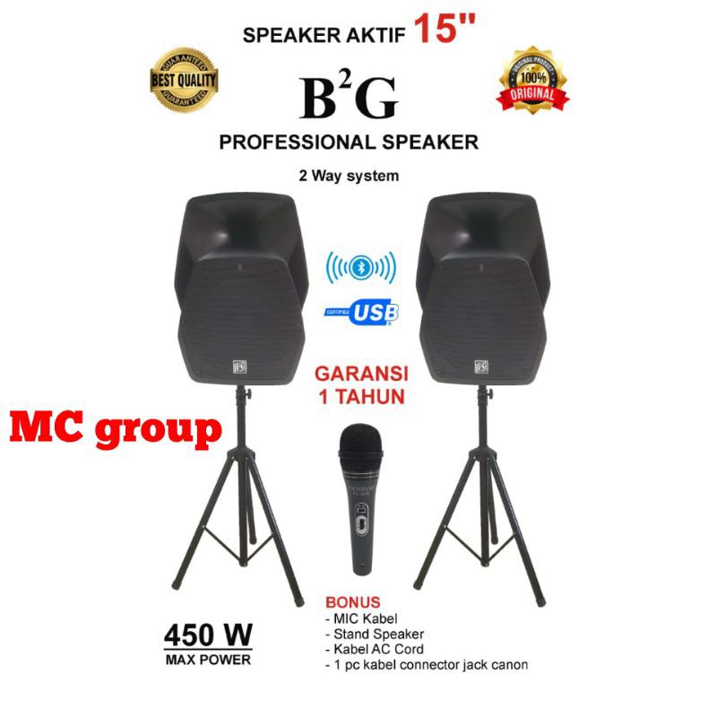 PAKET KOMPLIT speaker Aktif B2G 15 inch USB BLUETOOTH