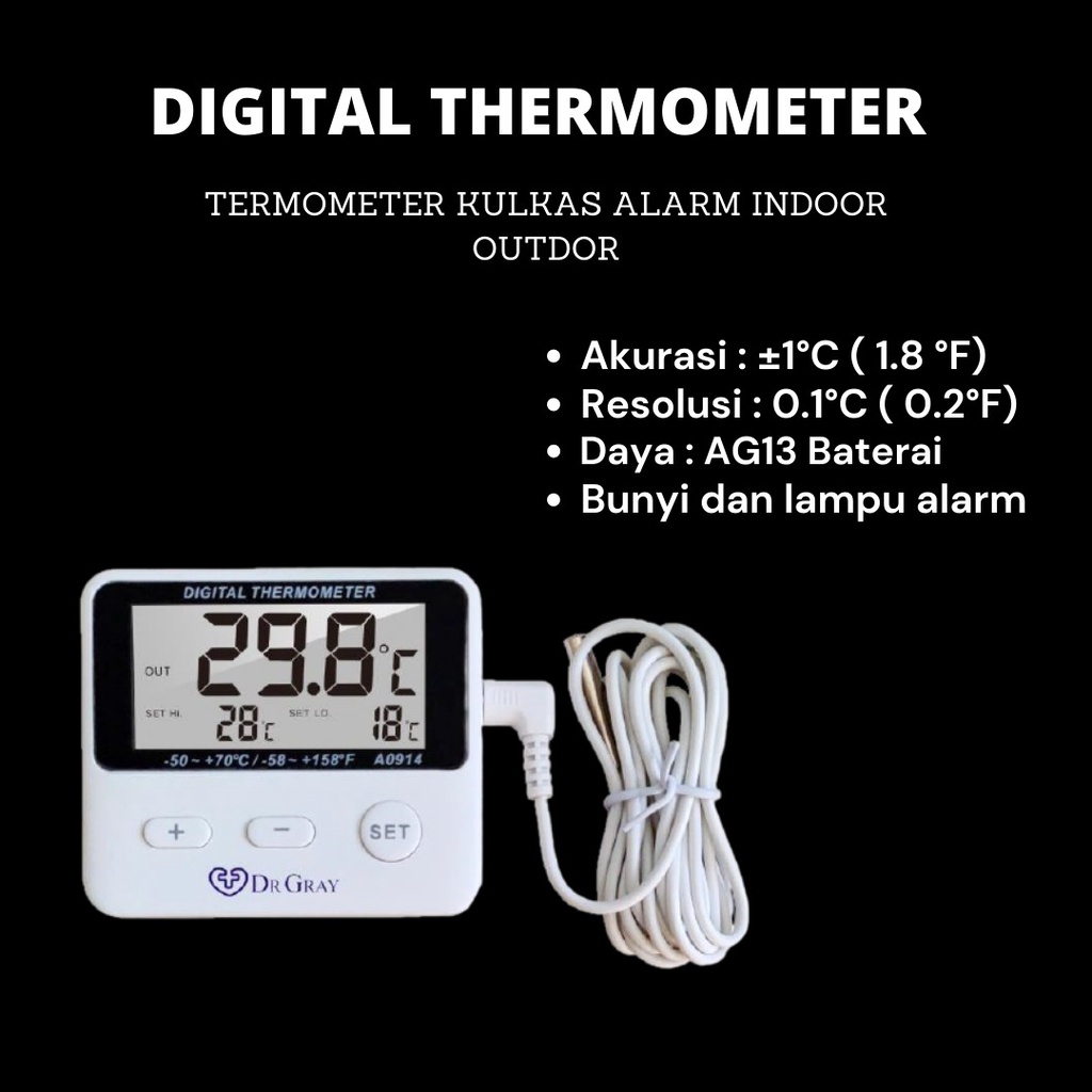 DR GRAY Termometer kulkas freezer pendingin icebox chiller alarm indoor outdoor model A914