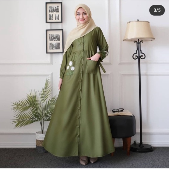 Bahan TOYOBO PREMIUM | Ukuran 5L XXXL XXL XL L M S | BORDIR DAISY MAXI DRESS JUMBO-Dark Army