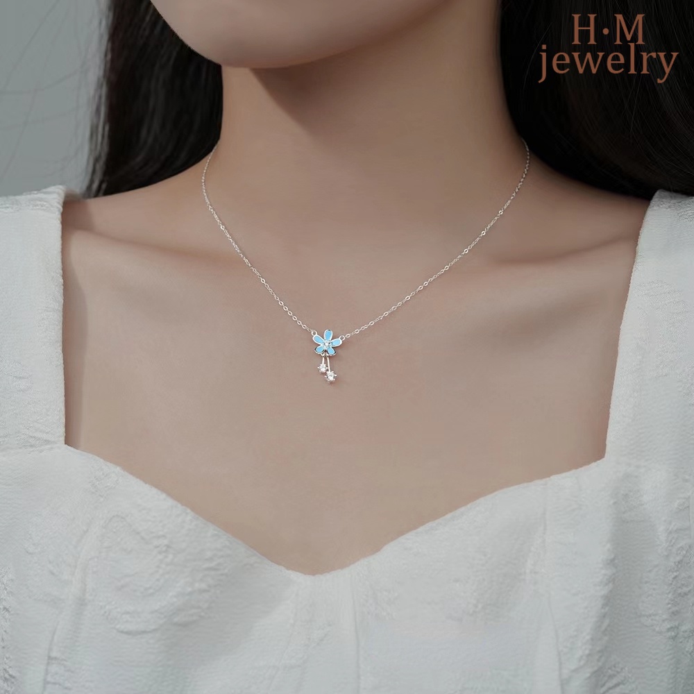 Kalung Collarbone Desain Bunga Biru Untuk Wanita