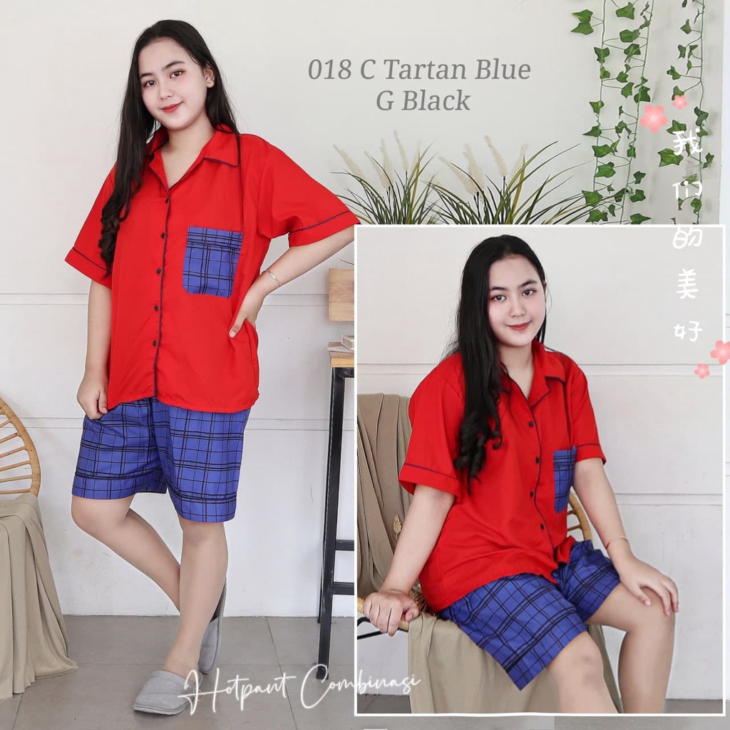 IZANY Piyama Dewasa Hotpant Combina Allsize / HP  Combina Saten Apple LD 100-018 TARTAN BLUE G BL