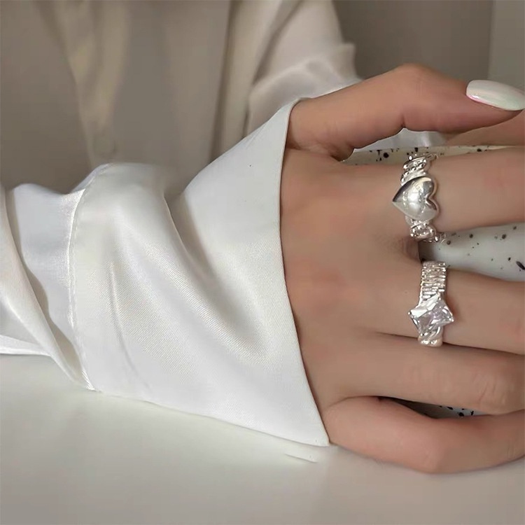 Diamond Metal Heart Open Ring Set Female Korean Personality All-match Temperament Ring