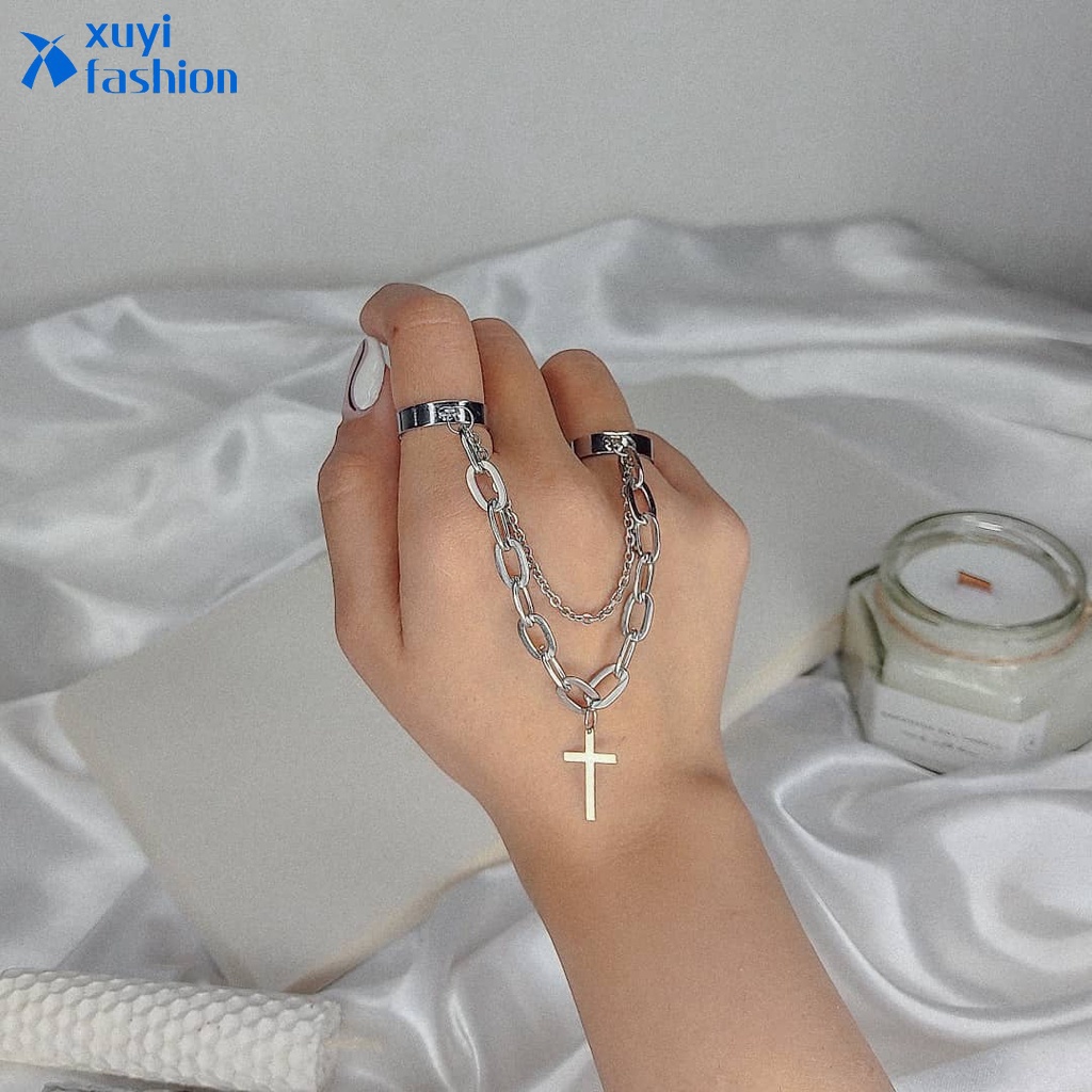 Set Cincin Rantai Silang All in one Warna Silver Untuk Wanita